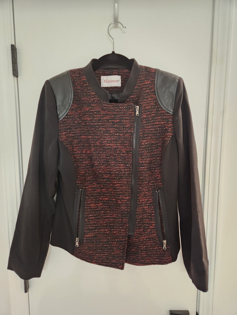 Women's Black and Red Tweed Moto Jacket